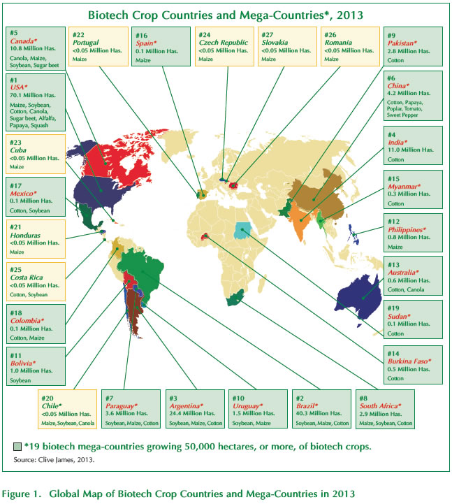 Figure 1. Global Map of Biotech Crop Countries and Mega-Countries in 2013