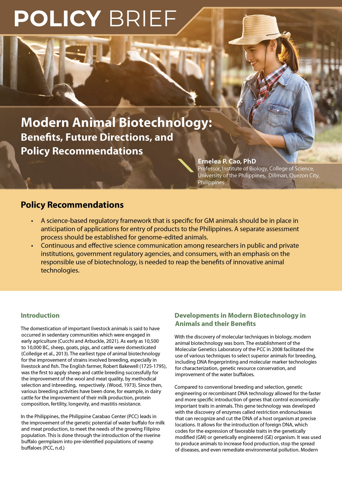 Modern Animal Biotechnology: Benefits, Future Directions, and Policy  Recommendations 